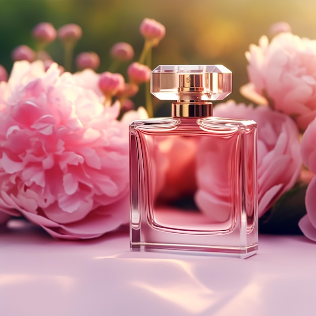 Frasco de perfume floral luxuoso e flores cor-de-rosa comercial de perfume em jardim de flores perfumaria sob medida e venda de produtos de beleza generativo ai