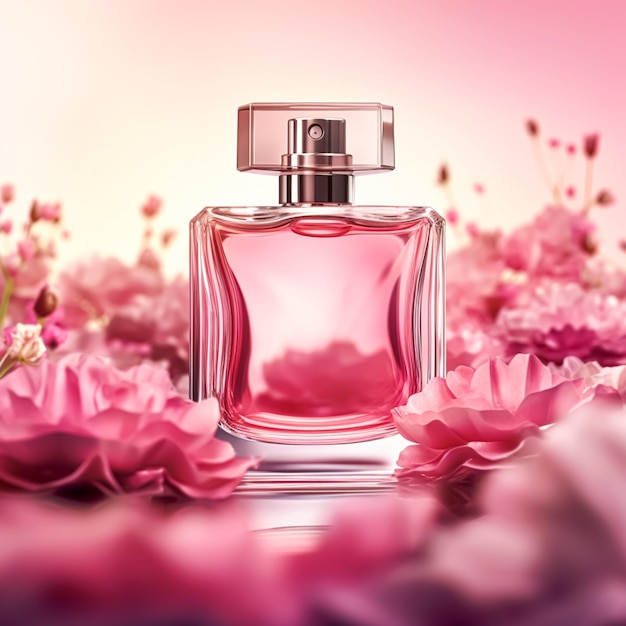 Frasco de perfume floral luxuoso e flores cor-de-rosa comercial de perfume em jardim de flores perfumaria sob medida e venda de produtos de beleza generativo ai