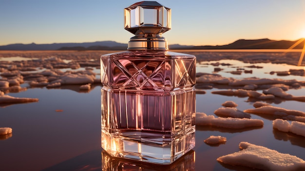 Frasco de perfume na praia ao fundo de um belo pôr do sol