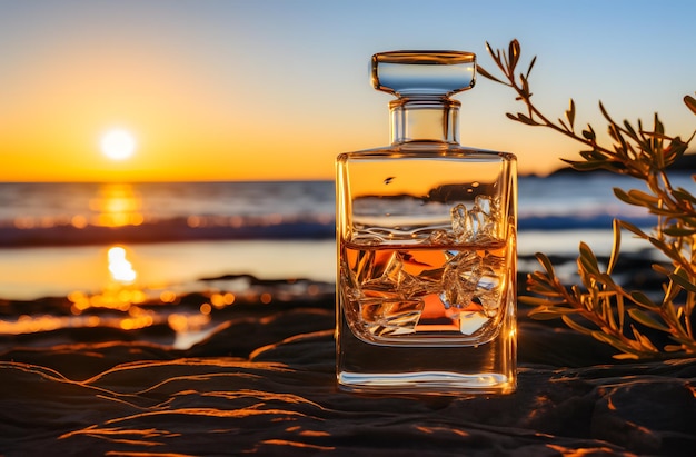 Frasco de perfume na praia ao fundo de um belo pôr do sol