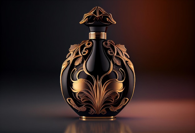 Frasco de perfume preto brilhante maquete com um padrão dourado em um suporte de espelho Lugar para texto