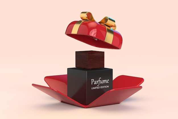 Frasco de perfume preto em caixa de presente vermelha aberta com renderização em 3d de fita dourada