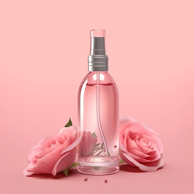 Frasco de perfume rosa em rosas de fundo rosa pastel como cenário para vestir frascos de produtos limpos sem rótulos