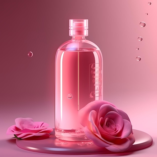Frasco de perfume rosa em rosas de fundo rosa pastel como cenário para vestir frascos de produtos limpos sem rótulos