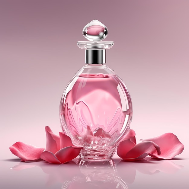 Frasco de perfume rosa em rosas de fundo rosa pastel como cenário para vestir frascos de produtos limpos sem rótulos