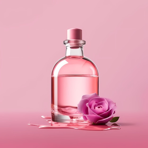 Frasco de perfume rosa em rosas de fundo rosa pastel como cenário para vestir frascos de produtos limpos sem rótulos