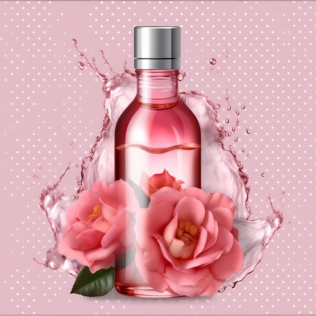 Frasco de perfume rosa em rosas de fundo rosa pastel como cenário para vestir frascos de produtos limpos sem rótulos