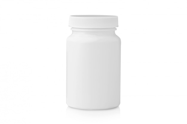 Frasco de plástico em branco de medicamento isolado na superfície branca