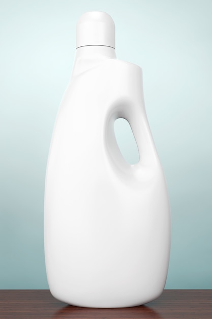 Frasco de recipiente de detergente de plástico em uma mesa de madeira. Renderização 3D