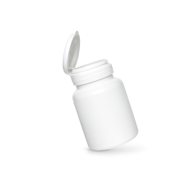 Frasco de remédio de plástico branco isolado.