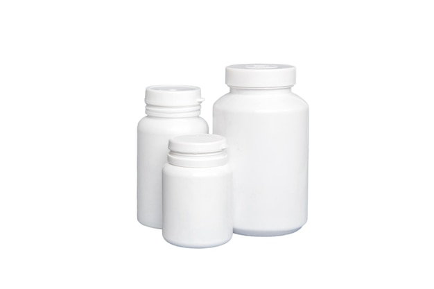 Frasco de remédio em branco isolado em fundo branco
