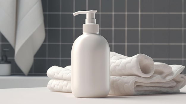 Foto frasco de sabonete líquido 3d com maquete de toalhas