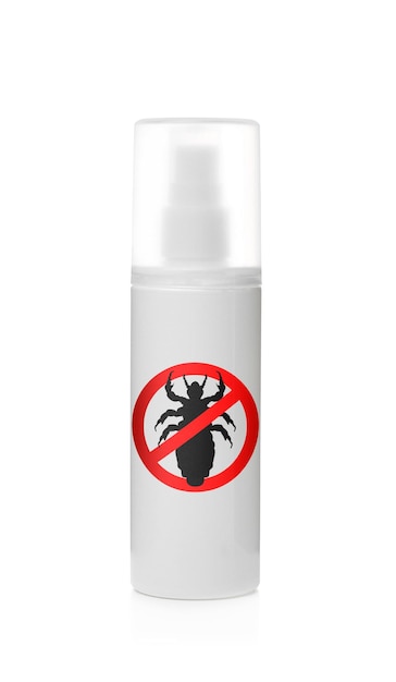 Foto frasco de spray de piolhos no fundo branco