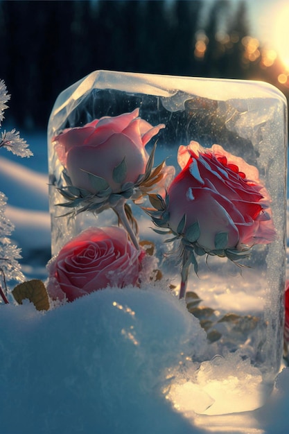 Frasco de vidro cheio de rosas cor de rosa sentado na neve generativa ai