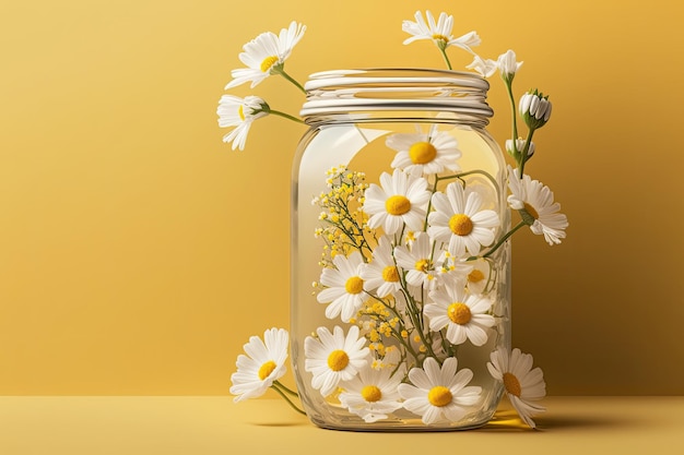 Frasco de vidro com flores brancas de primavera em fundo amarelo com espaço de cópia para texto fundo de primavera