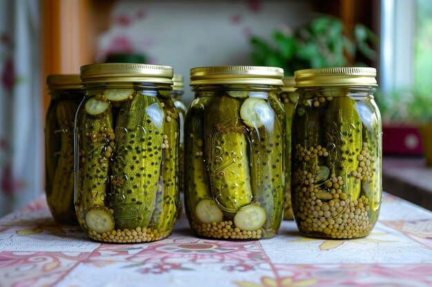 frasco de vidro com pepinos em conserva