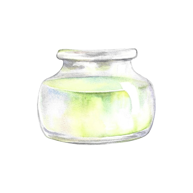 Foto frasco de vidro com suco de aloe vera. ilustração em aquarela.
