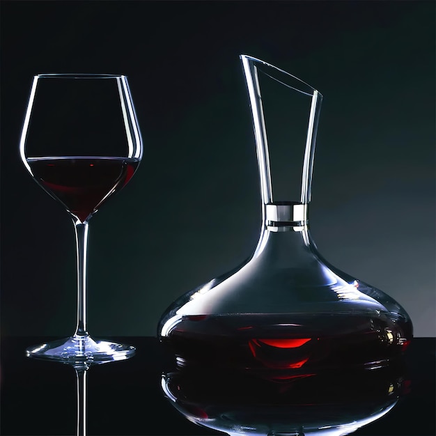 Frasco de vidro com vinho tinto e copo de vinho sobre a mesa tiro de estúdio de fundo cinza escuro