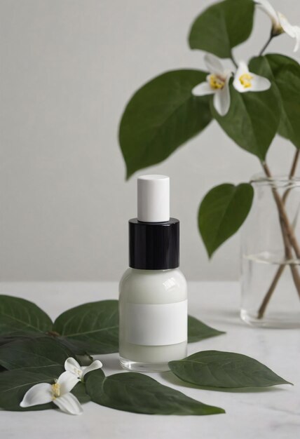 Frasco de vidro de cosméticos orgânicos para o cuidado da pele com etiqueta branca em branco cercado por folhas e flores verdes