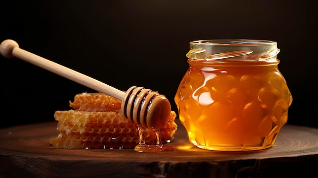 Foto frasco de vidro de mel com concha e favos de mel na mesa de madeira contra um fundo escuro