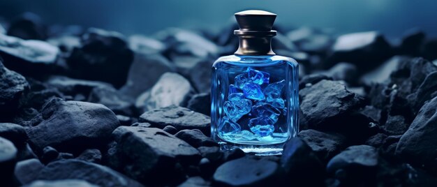 Frasco de vidro de perfume azul na superfície de pedra preta Generative AI