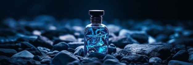 Frasco de vidro de perfume azul na superfície de pedra preta Generative AI