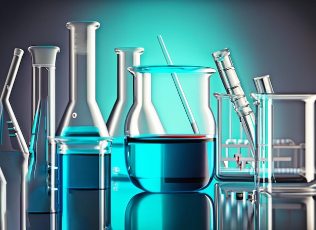 Frasco de vidro em fundo azul de laboratório de banner de ciência química de pesquisa