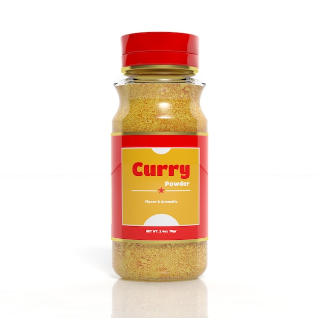 Frasco de vidro em pó Curry 3D isolado em branco