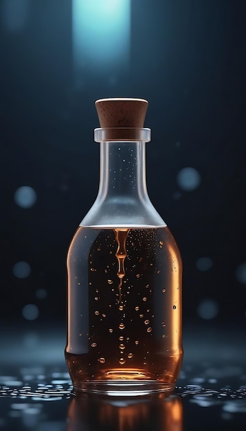 Frasco de vidro escuro com fundo futurista AI generativo de gota única de líquido