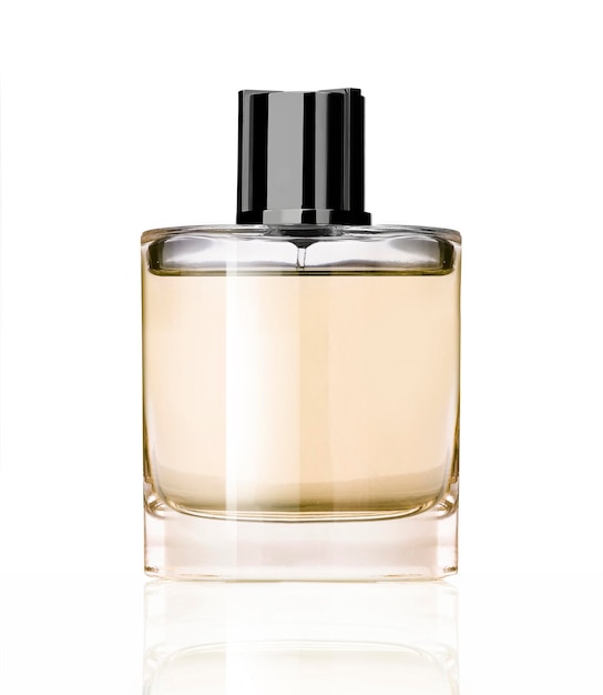 Frasco de vidro laranja de perfume isolado no fundo branco