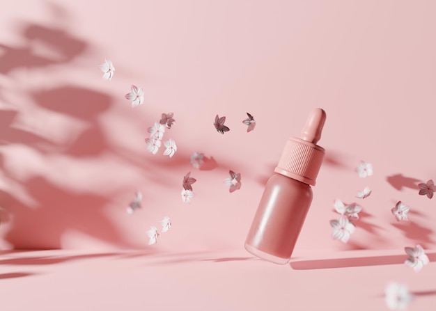 Frasco de vidro rosa de líquido cosmético no fundo rosa Gel com flores voando no ar Frasco conta-gotas sem marca em branco soro de óleo de ácido hialurônico produto de cuidados com a pele renderização em 3D