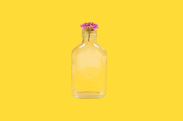 Frasco de vidro transparente com uma flor roxa em um fundo amarelo