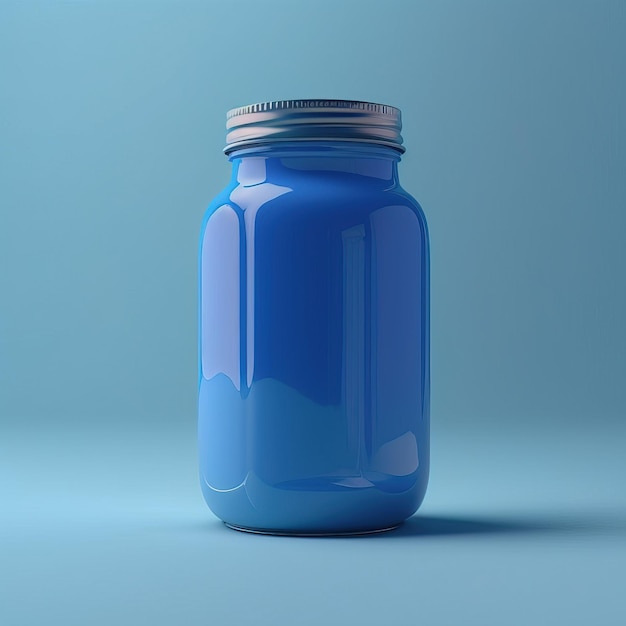 frasco de vidro vazio azul simples em um plano de fundo azul, limpo e minimalista