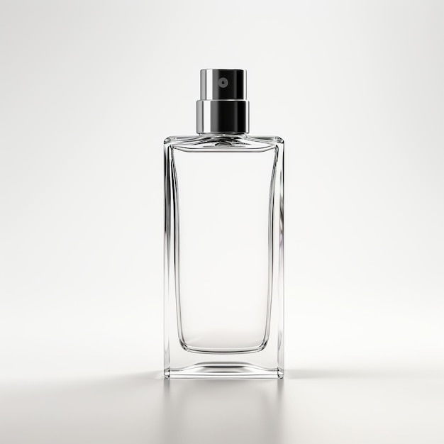 Un frasco delgado de perfume transparente sobre fondo blanco.