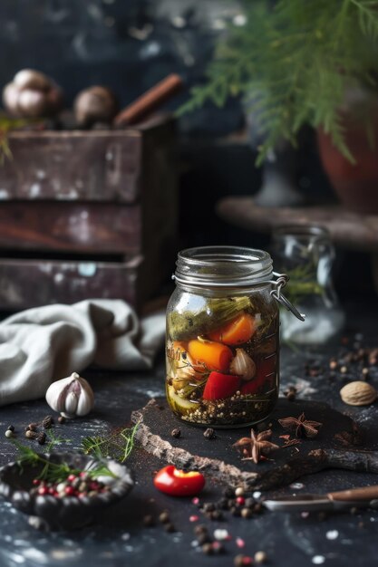 Foto un frasco con diferentes verduras encurtidas.