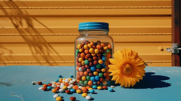 Un frasco de dulces se sienta en una mesa azul al lado de una flor amarilla.