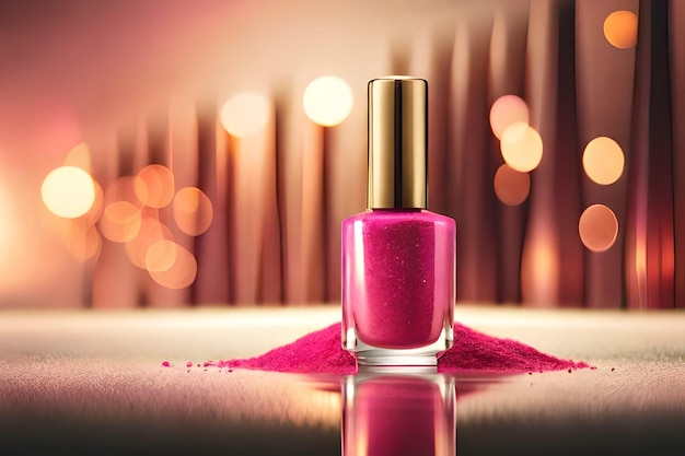 Frasco de esmalte de uñas rosa con fondo en tonos dorados Concepto de elegancia delicadeza y belleza