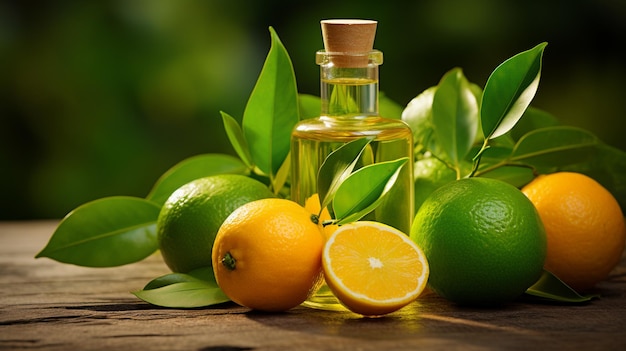 frasco con extracto de aceite esencial de naranja verde