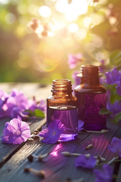 Foto frasco con extracto de aceite esencial de violeta sobre un fondo de madera