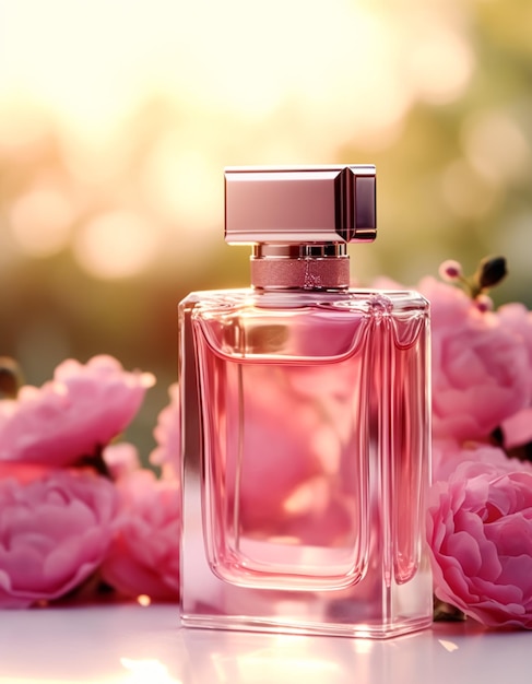 Frasco de fragancia de aroma floral de lujo y perfume de flores rosadas comercial en jardín de flores venta de productos de belleza y perfumería a medida posprocesado ai generativo