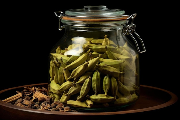 un frasco de frijoles y semillas está sobre una mesa.