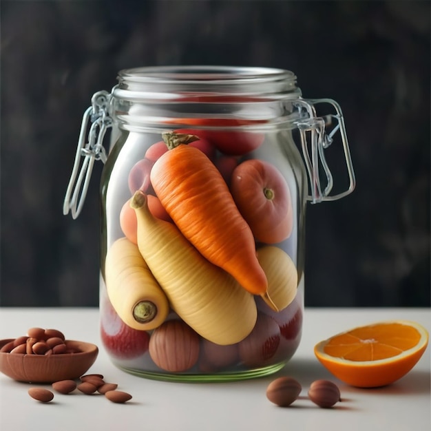 Foto un frasco de frutas y nueces se sienta en una mesa con otros artículos