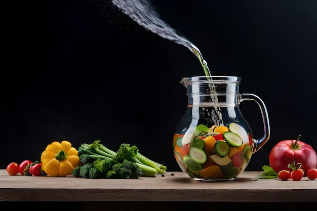 Foto un frasco de frutas y verduras con una cuchara en él