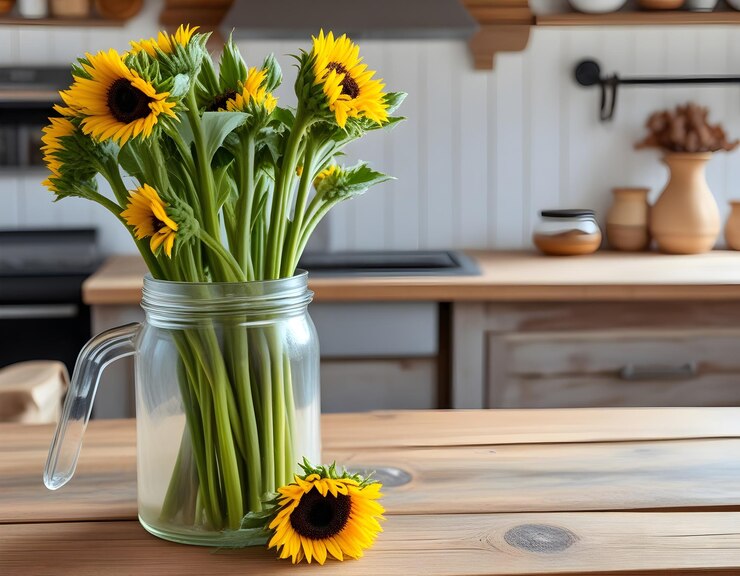 un frasco de girasoles se sienta en una mesa de madera