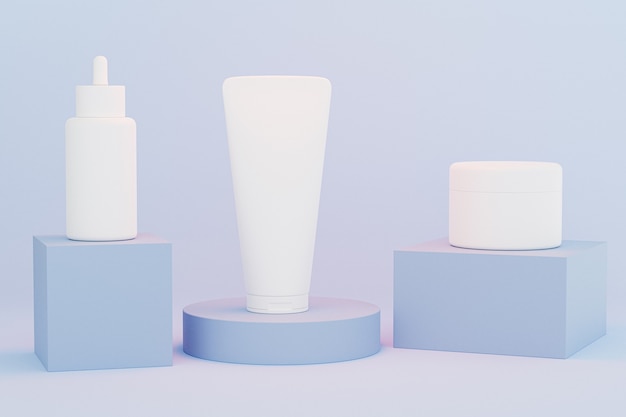 Frasco gotero de maqueta, tubo de loción y tarro de crema para productos cosméticos o publicidad en podios azules, ilustración 3d