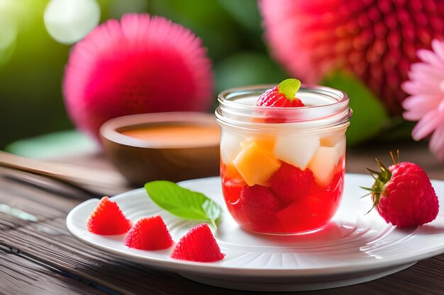 un frasco de jugo de fresa con una fresa en él