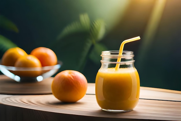 un frasco de jugo de naranja con una paja en él