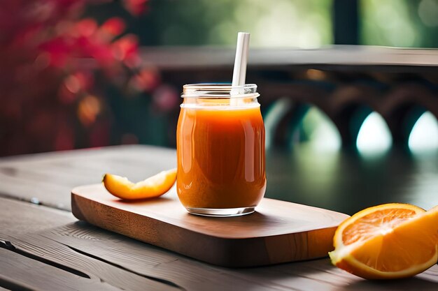 un frasco de jugo de naranja con una pajita en él