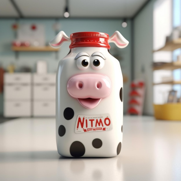 Frasco de leche de vidrio con forma de personaje vaca cartoon mik leche 3d