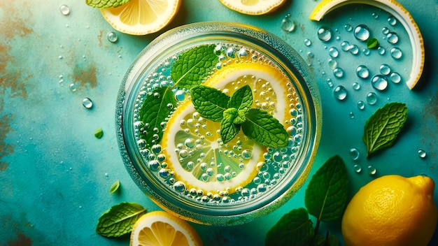 frasco de limonada espumosa hecho con agua gaseosa rebanadas de limón fresco y hojas de menta